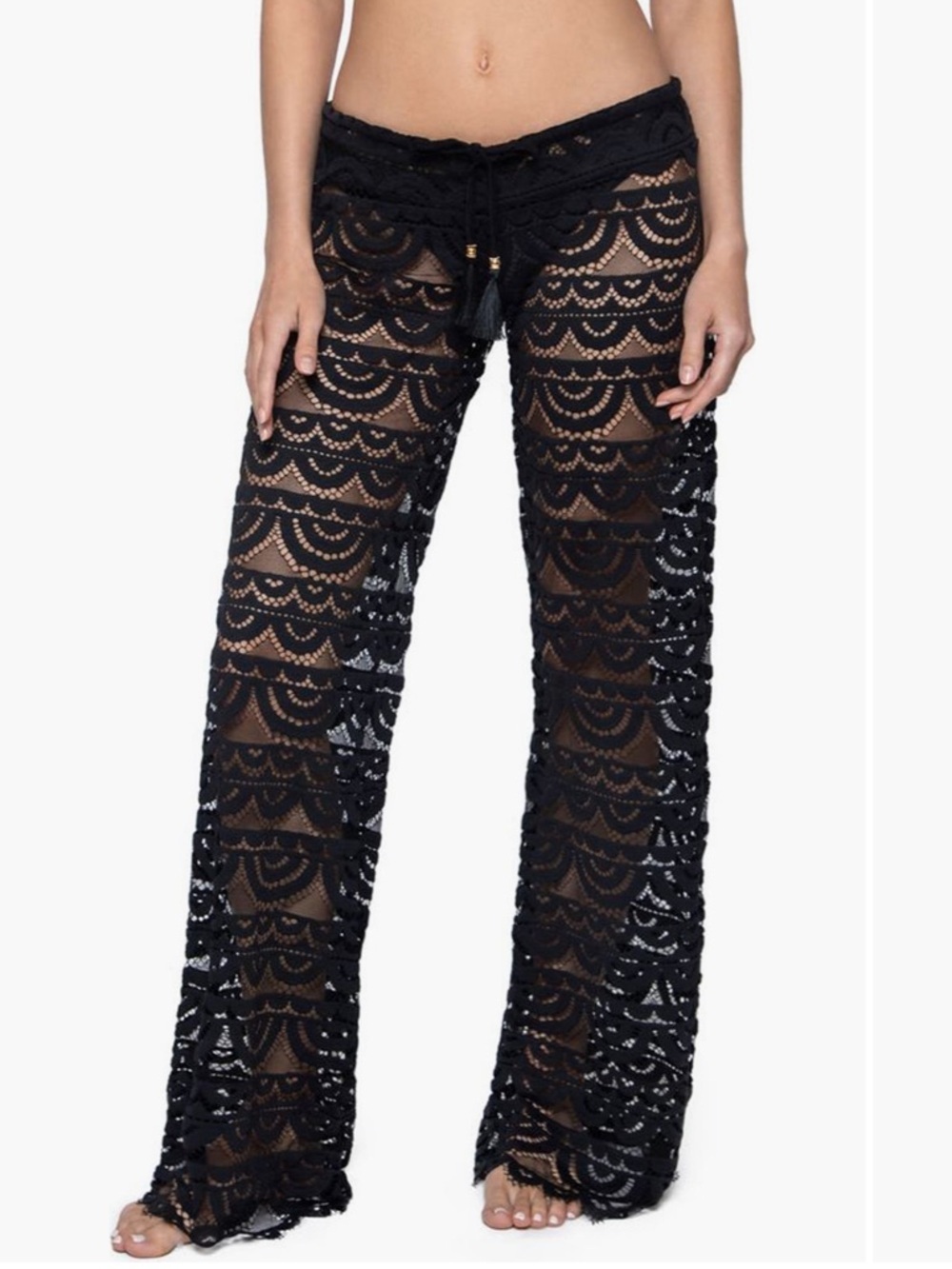 PQ Swim Black Lace Diva Malibu Sheer Coverup Scalloped Pants Tassels Size M/L